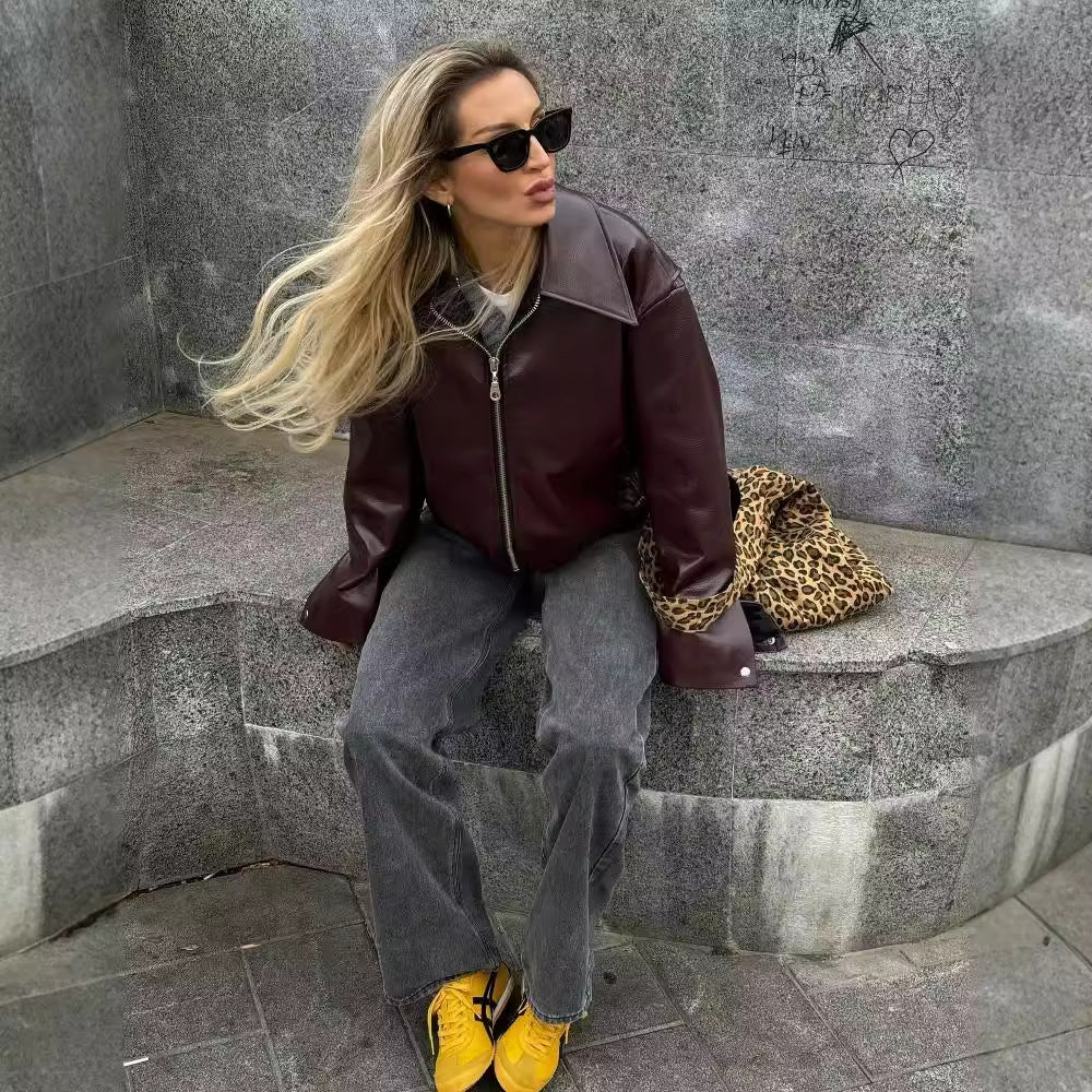 Einfarbige Reversjacke mit Reißverschluss Modische Freizeit-Lederjacke mit langen Ärmeln Oberteile Damenbekleidung