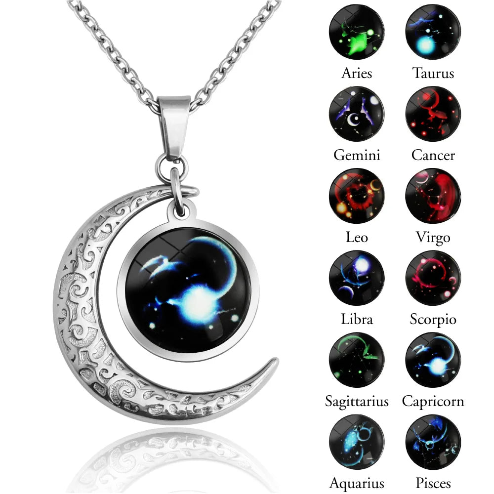 12 Sternzeichen Mond Stern Leuchtende Halskette Anhänger Schmuck Damen Anhänger Hohler Leuchtender Stein Halskette Geschenk